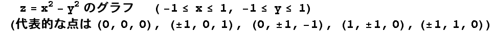       z = x^2 - y^2̃Ot       ( -1 <= x <= 1, -1 <= y <= 1) 
 (\Iȓ_ (0, 0, 0), (} 1, 0, 1), (0, } 1, -1), (1, } 1, 0), (} 1, 1, 0))